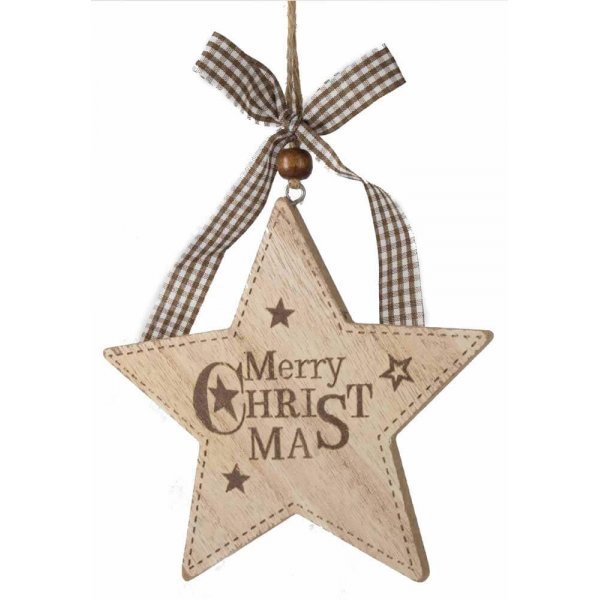 Χριστουγεννιάτικο Κρεμαστό Ξύλινο Αστέρι, με Καφέ Καρό Φιογκάκι και "Merry Christmas" (14cm)